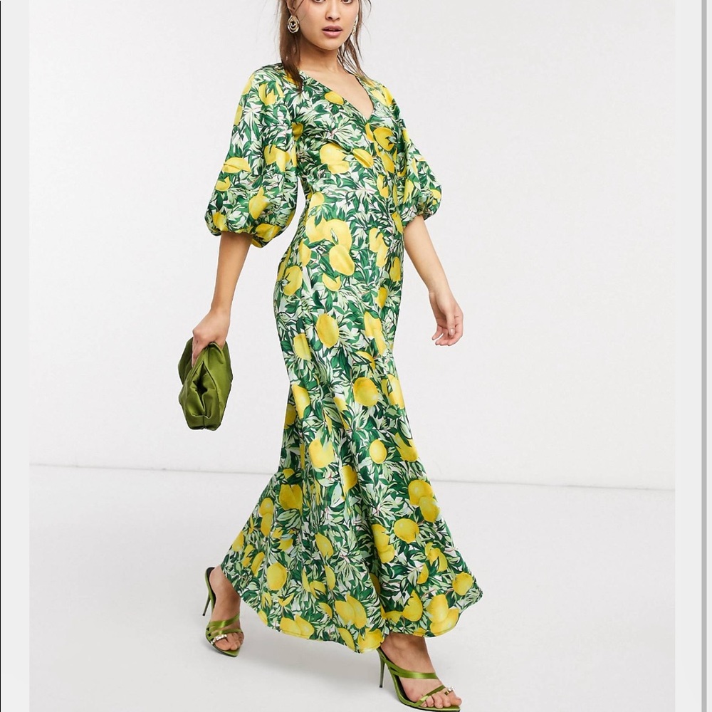 NWT ASOS Satin Lemon Maxi Dress Puff Sleeves Sz 12
